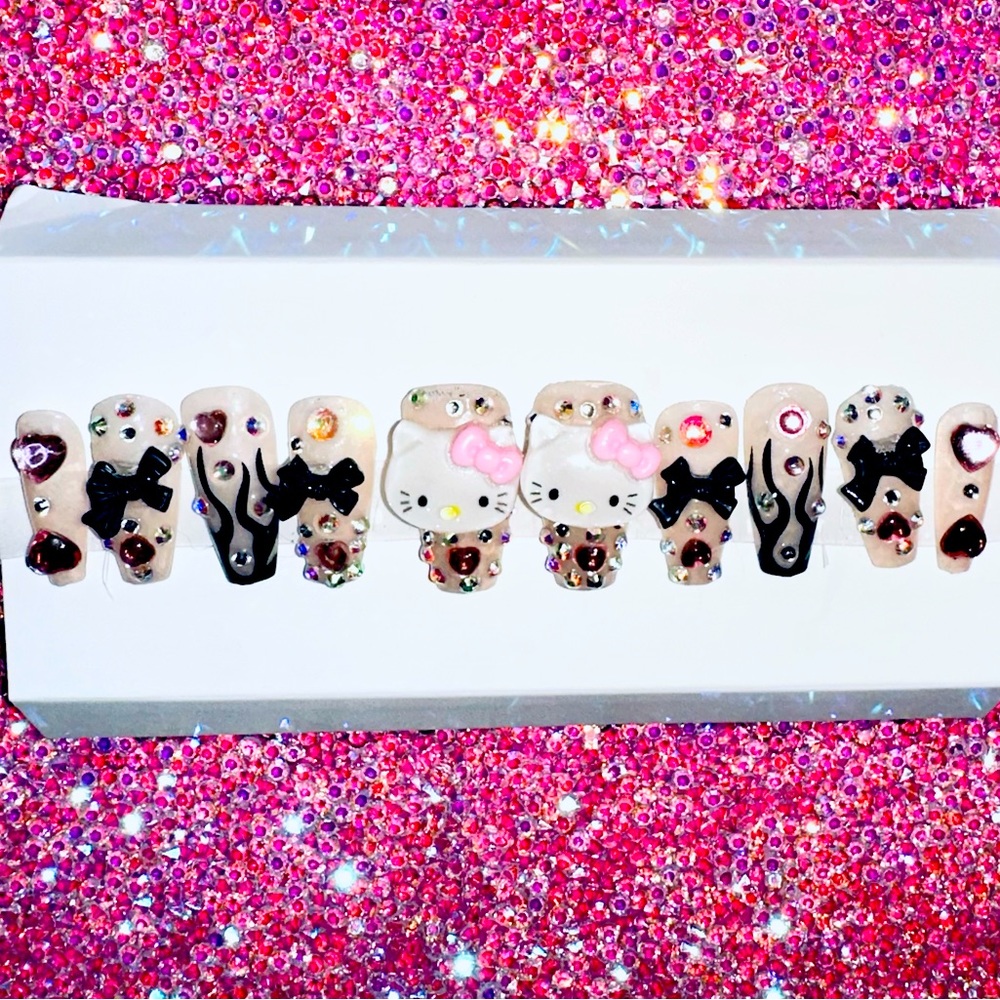 Hello kitty kawaii bling press on nails! Reusable! Hand made! Quality ! Custom!